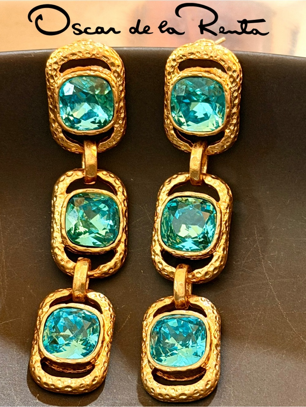 OSCAR DE LA RENTA Earrings🩵Gold Triple Drop Rectangle Bahamian Blue Crystal